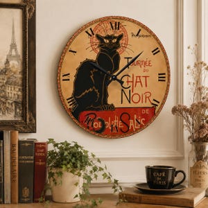 Reloj de pared Le Chat Noir: Reloj acrílico con póster francés vintage / Decoración Art Nouveau de gato negro / Regalo para amantes de los gatos / Decoración bohemia para el hogar / Arte Belle Époque