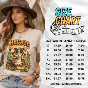 Vintage 70s Hecate retro shirt featuring the Triple Goddess in a mystical boho design, inspired by witchcraft, Wiccan and pagan spirituality. This witchy graphic tee shows Hekate with moon phases and occult symbols, perfect for spiritual women, witches, and lovers of magic. Ideal witchy gift for Wiccan, pagan and boho aesthetic fans.