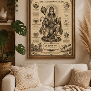 Hanuman poster featuring the powerful Hindu monkey god and devoted Ram Bhakt in an intricate vintage-inspired design. Spiritual Hindu wall art perfect for yoga studios, meditation rooms, prayer spaces, and sacred home decor. Ideal gift for Hinduism lovers, Indian mythology enthusiasts, yoga practitioners, and spiritual seekers who appreciate devotional artwork and traditional Indian culture.