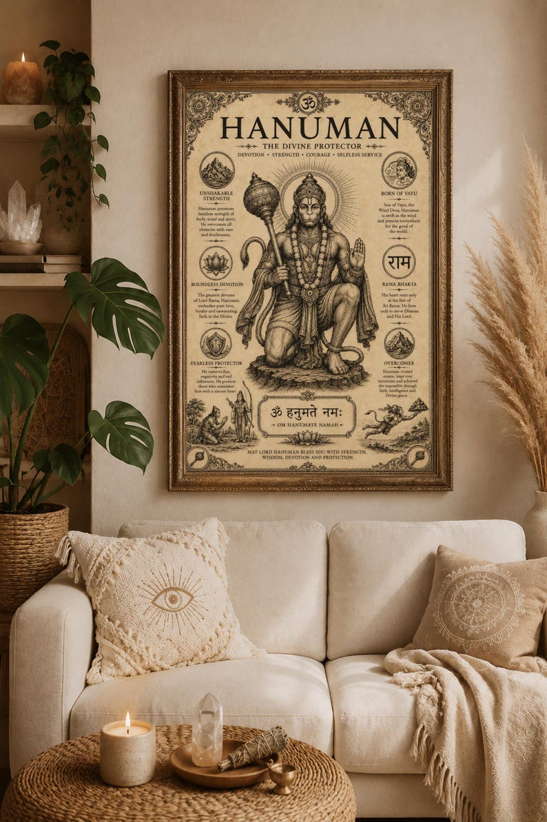 Hanuman poster featuring the powerful Hindu monkey god and devoted Ram Bhakt in an intricate vintage-inspired design. Spiritual Hindu wall art perfect for yoga studios, meditation rooms, prayer spaces, and sacred home decor. Ideal gift for Hinduism lovers, Indian mythology enthusiasts, yoga practitioners, and spiritual seekers who appreciate devotional artwork and traditional Indian culture.