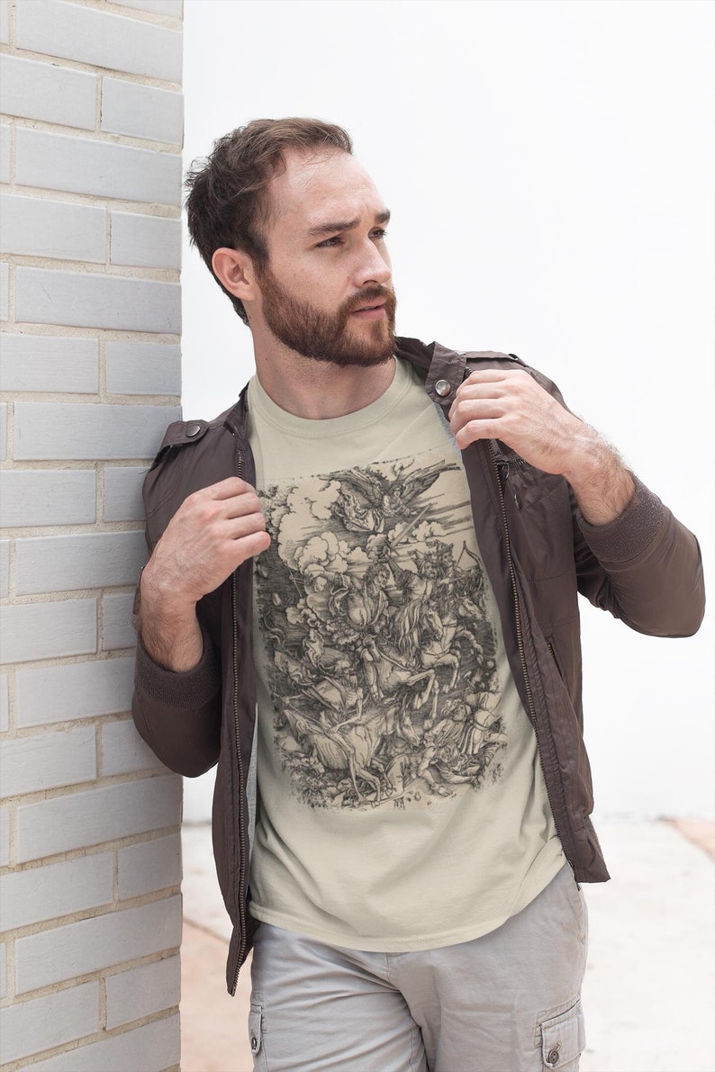 Albrecht Durer The Four Horsemen from The Apocalypse on a T-shirt. Detailed engraving of conquest, war, famine, and death in a classic, comfortable fit