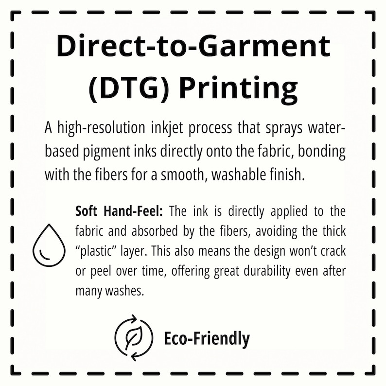May include: White graphic with the text "Direct-to-Garment (DTG) Printing". The image describes a high-resolution inkjet process that bonds inks directly to fabric for a smooth, washable finish. It also highlights the soft hand-feel and eco-friendly aspects.