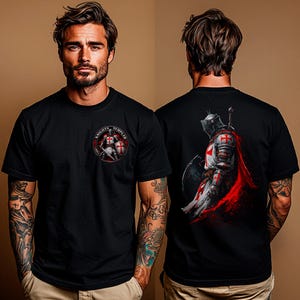 May include: Black t-shirt featuring a Knights Templar design. The front displays a circular emblem with a knight and the text "Knights Templar." The back showcases a detailed illustration of a knight in armor with a red cape and cross.