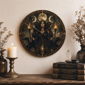 Hecate Wall Clock: Triple Moon Goddess Acrylic Clock | Witchcraft Decor | Gothic Witch Wall Art|  Pagan Altar Gift | Wiccan Home Decor