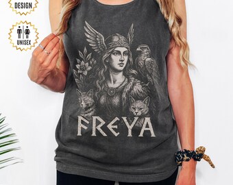 Freya Tank Top nordische Göttin Komfort Farben T-Shirt | Heidnisches Sommer Shirt | Wikinger Hexe Geschenk für nordische Mythologie Fans | Walküre Top