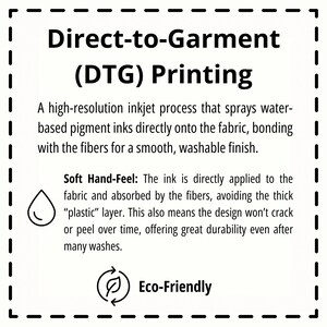 May include: White graphic with the text "Direct-to-Garment (DTG) Printing" and details about the process. It describes a high-resolution inkjet process that bonds inks to fabric for a smooth, washable finish. The image also highlights the soft hand-feel and eco-friendly aspects.