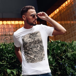 Albrecht Durer The Four Horsemen from The Apocalypse on a T-shirt. Detailed engraving of conquest, war, famine, and death in a classic, comfortable fit