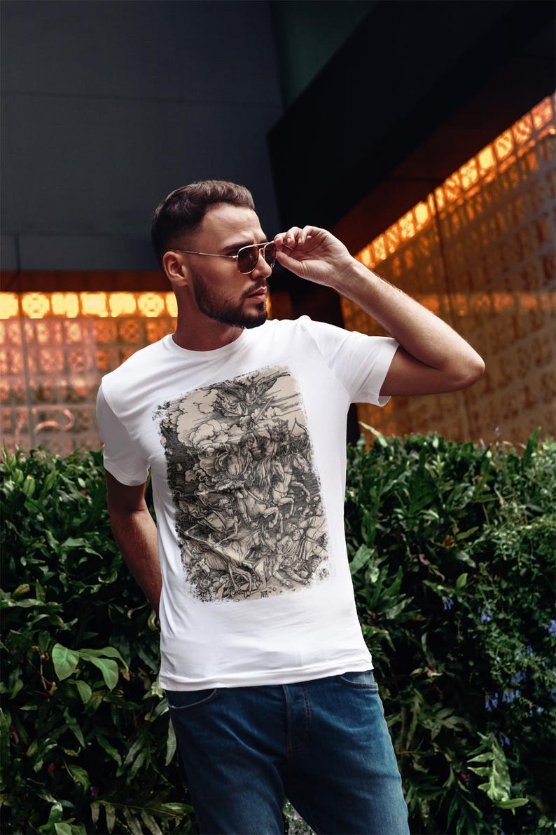 Albrecht Durer The Four Horsemen from The Apocalypse on a T-shirt. Detailed engraving of conquest, war, famine, and death in a classic, comfortable fit