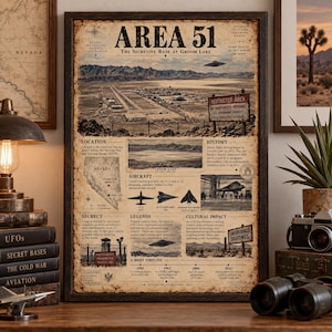 May include: A framed informational poster titled AREA 51 The Secretive Base at Groom Lake. The print features a sepia-toned aerial view of the facility, a map of Nevada, aircraft silhouettes, historical text, and a timeline of events.