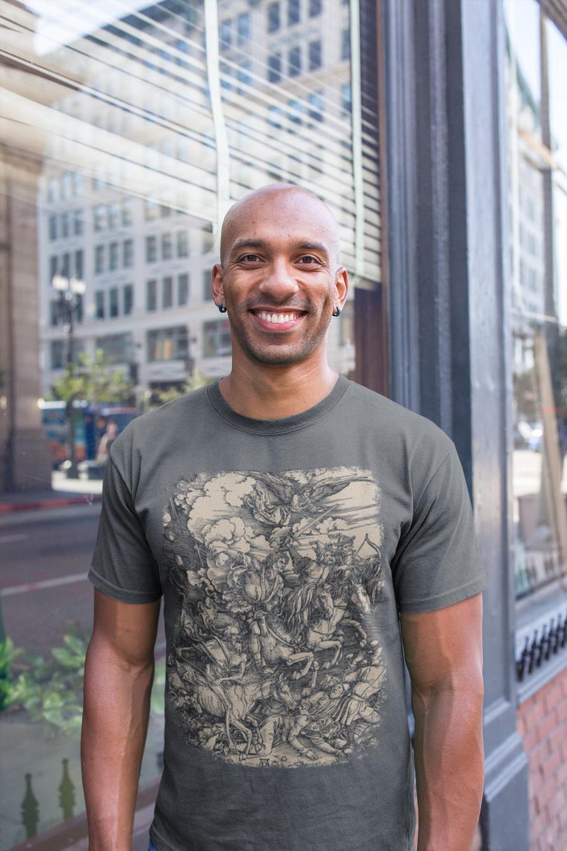 Albrecht Durer The Four Horsemen from The Apocalypse on a T-shirt. Detailed engraving of conquest, war, famine, and death in a classic, comfortable fit