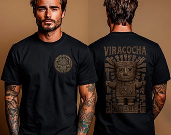 May include: Black t-shirt featuring a brown circular design on the front with the text "VIRACOCHA". The back of the shirt displays a brown graphic of a figure with the word "VIRACOCHA" above it. The shirt is made of a soft material.
