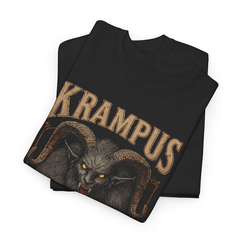 Dark Krampus Christmas shirt featuring the legendary holiday demon from Alpine folklore, perfect for fans of gothic fashion, pagan style, and alternative holiday apparel.