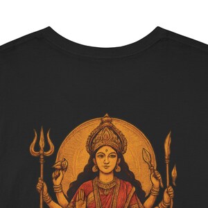 “Maa Durga T-shirt featuring the Hindu goddess of strength and protection, perfect for devotees of the divine feminine and Shakti power. Spiritual yoga clothing with sacred iconography, ideal for those seeking a powerful and meaningful Hindu goddess tee.