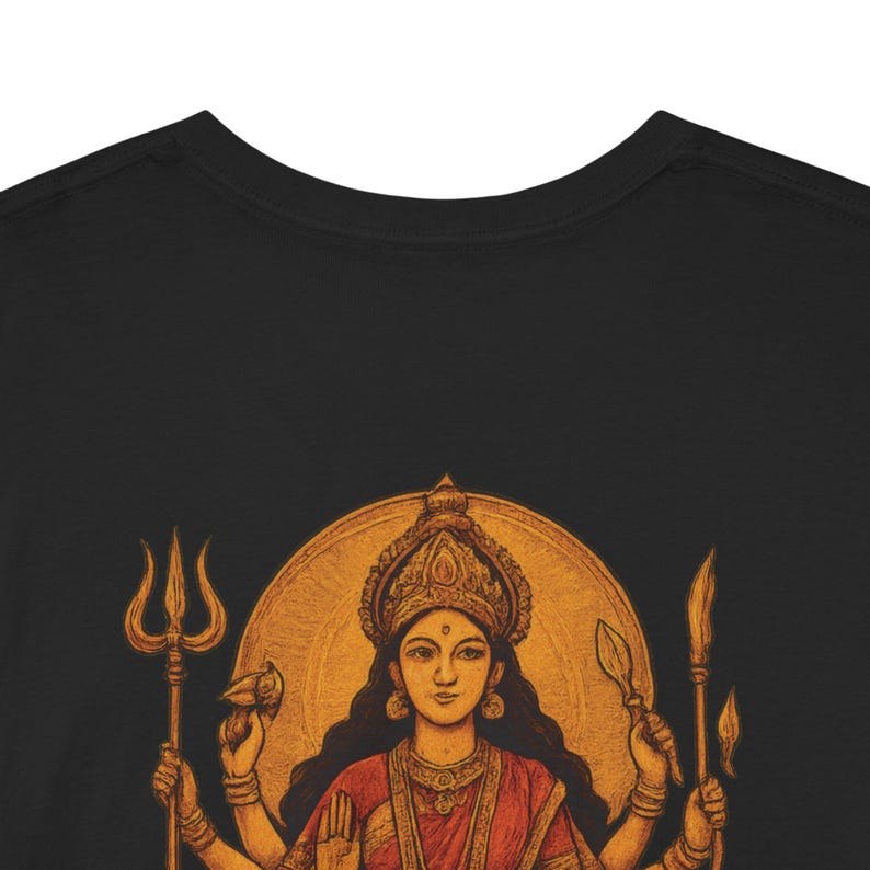 “Maa Durga T-shirt featuring the Hindu goddess of strength and protection, perfect for devotees of the divine feminine and Shakti power. Spiritual yoga clothing with sacred iconography, ideal for those seeking a powerful and meaningful Hindu goddess tee.