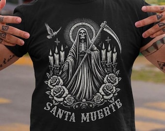 Santa Muerte Gothic Shirt,  Holy Death T-Shirt, Day of the Dead Skull Shirt Gift Idea, Mexican Folk Art Skeleton Top, Dia de los Muertos Tee