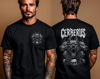 Camiseta de Cerberus: Camiseta de mitología griega gótica, diseño de sabueso de tres cabezas, ropa metalera