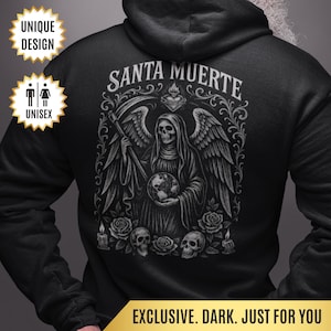Santa Muerte Gothic Hoodie, Holy Death Hooded Sweatshirt, Day of the Dead Skull Hoodie, Mexican Folk Art Skeleton Top, Dia de los Muertos