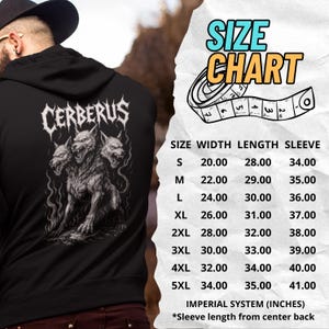Cerberus Hoodie featuring a three-headed hellhound design inspired by Greek mythology. Gothic sweatshirt perfect for metalheads. Hades guardian graphic, ideal heavy metal gift for fans of dark fantasy and mythology