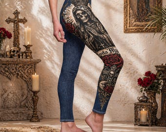 Santa Muerte-legging voor dames: chicana streetwear-broek | Mexicaanse volkstattoostijl | Gotische outfit met schedelroos | Yogabroek met denimprint