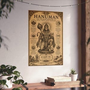 Hanuman poster featuring the powerful Hindu monkey god and devoted Ram Bhakt in an intricate vintage-inspired design. Spiritual Hindu wall art perfect for yoga studios, meditation rooms, prayer spaces, and sacred home decor. Ideal gift for Hinduism lovers, Indian mythology enthusiasts, yoga practitioners, and spiritual seekers who appreciate devotional artwork and traditional Indian culture.