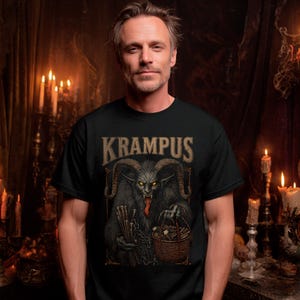 Dark Krampus Christmas shirt featuring the legendary holiday demon from Alpine folklore, perfect for fans of gothic fashion, pagan style, and alternative holiday apparel.