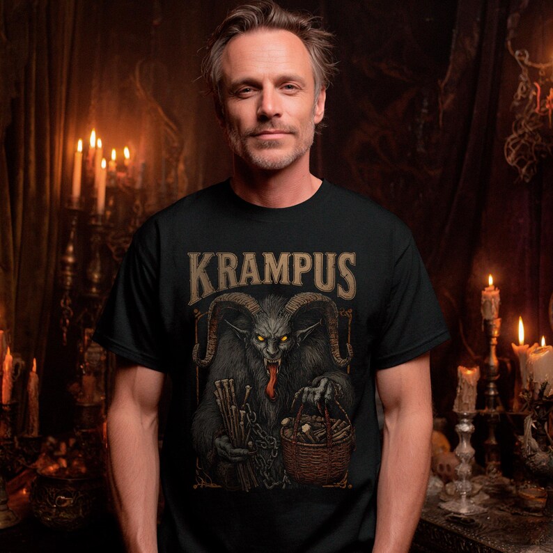 Dark Krampus Christmas shirt featuring the legendary holiday demon from Alpine folklore, perfect for fans of gothic fashion, pagan style, and alternative holiday apparel.