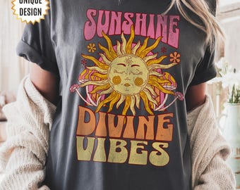 Sonnenschein Shirt Geschenk für Sie, Komfort Farben T-Shirt, Sonne Grafik T-Shirt, Sonne T-Shirt, Boho T-Shirt, Retro 70er Jahre Stil Shirt, Hippie Shirts, übergroßes T-Shirt