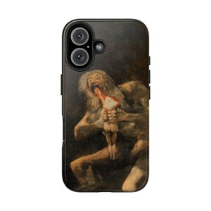 iPhone case featuring Goya's 'Saturn Devouring His Son,' printed with vivid detail. Made from durable materials, it protects your phone from scratches and damage. A perfect gift for art lovers or anyone seeking a unique, artistic phone accessory.
