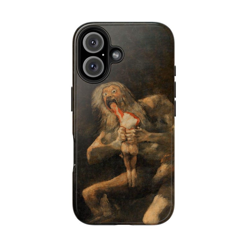 iPhone case featuring Goya's 'Saturn Devouring His Son,' printed with vivid detail. Made from durable materials, it protects your phone from scratches and damage. A perfect gift for art lovers or anyone seeking a unique, artistic phone accessory.