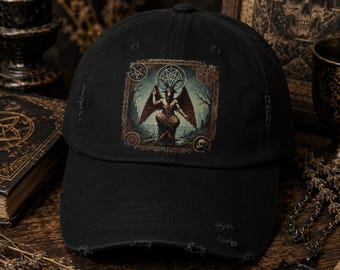 Baphomet Distressed Cap: Occult Goat Head Hat | Satanic Baseball Cap | Gothic Witchcraft Hat | Pagan Wicca & Witchy Gift for Occult Lovers