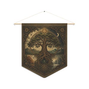 Tree of Life wall decor pennant featuring a vintage Celtic Tree of Life inspired by Yggdrasil with intricate sacred knotwork. Pagan altar wall hanging for Wiccan home decor, Norse mythology enthusiasts, Celtic spirituality, witchcraft spaces, meditation rooms, sacred altars, and nature-inspired spiritual gifts. Lightweight fabric tapestry with wooden dowel for easy hanging.