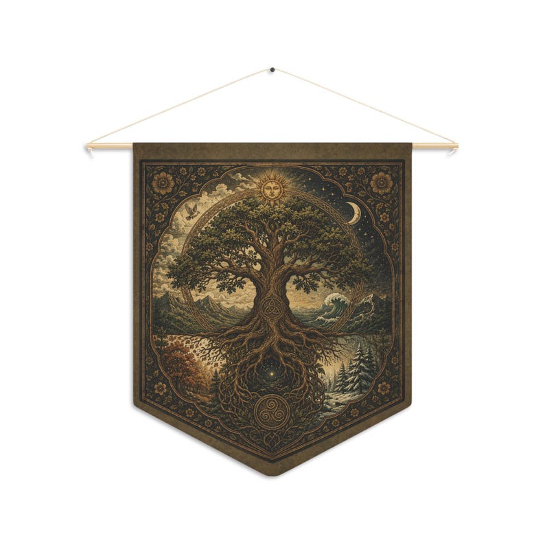 Tree of Life wall decor pennant featuring a vintage Celtic Tree of Life inspired by Yggdrasil with intricate sacred knotwork. Pagan altar wall hanging for Wiccan home decor, Norse mythology enthusiasts, Celtic spirituality, witchcraft spaces, meditation rooms, sacred altars, and nature-inspired spiritual gifts. Lightweight fabric tapestry with wooden dowel for easy hanging.