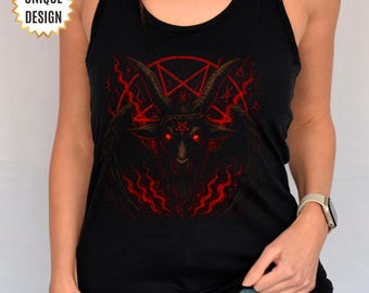 May include: Black tank top featuring a red illustration of a goat-like figure with a pentagram and flames. The text "UNIQUE DESIGN" is in a gold starburst, and "EXCLUSIVE. DARK. JUST FOR YOU" is in gold text.