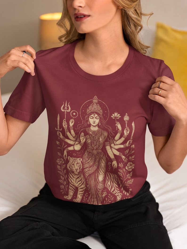 Hindu Goddess Durga T-shirt featuring a divine feminine design, perfect for spiritual lovers. Embrace the power of Durga with this occult mythology shirt. A unique dark goddess apparel piece for those who honor the sacred and mystical