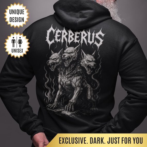 Cerberus Hoodie Three-Headed Hellhound Hoodie Greek Mythology Gothic Sweatshirt Heavy Metal Gift Metalhead Apparel Hades Guardian Hoodie