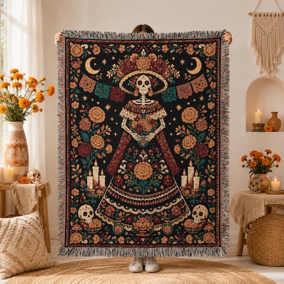 La Catrina Woven Blanket: Dia de los Muertos Decor, Day of the Dead Wall Hanging, Mexican Folk Art, Calavera Gift Sugar Skull Tapestry