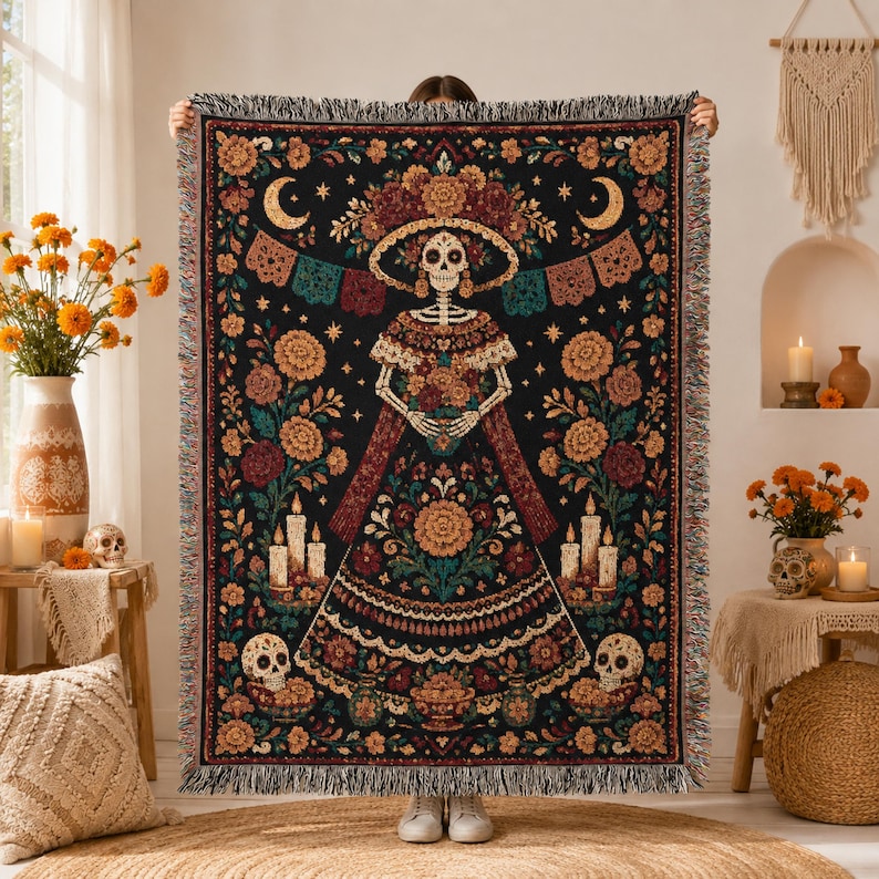 La Catrina woven blanket featuring colorful Dia de los Muertos folk art and an elegant calavera woman design. A striking Day of the Dead wall hanging, Mexican folk art tapestry, or decorative throw for gothic and sugar skull decor lovers, and a unique calavera gift inspired by traditional Mexican imagery.