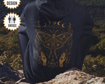 Luna Moth Hoodie, Luna Moth Clothing, Moon Phases, Mystic Moon and Moth Sweatshirt, Celestial Hoodie Witchy Gift for Her, Mothers Day Gift