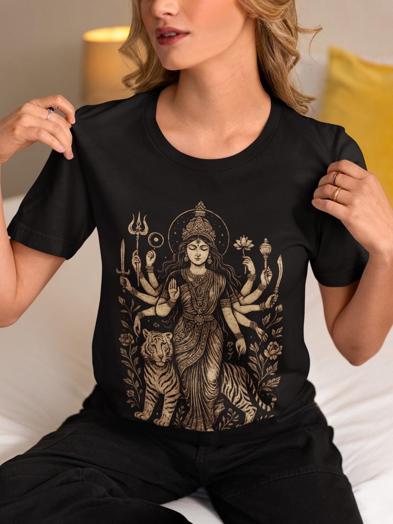 Hindu Goddess Durga T-shirt featuring a divine feminine design, perfect for spiritual lovers. Embrace the power of Durga with this occult mythology shirt. A unique dark goddess apparel piece for those who honor the sacred and mystical