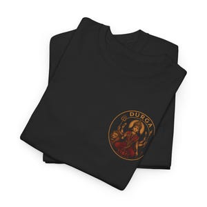 “Maa Durga T-shirt featuring the Hindu goddess of strength and protection, perfect for devotees of the divine feminine and Shakti power. Spiritual yoga clothing with sacred iconography, ideal for those seeking a powerful and meaningful Hindu goddess tee.