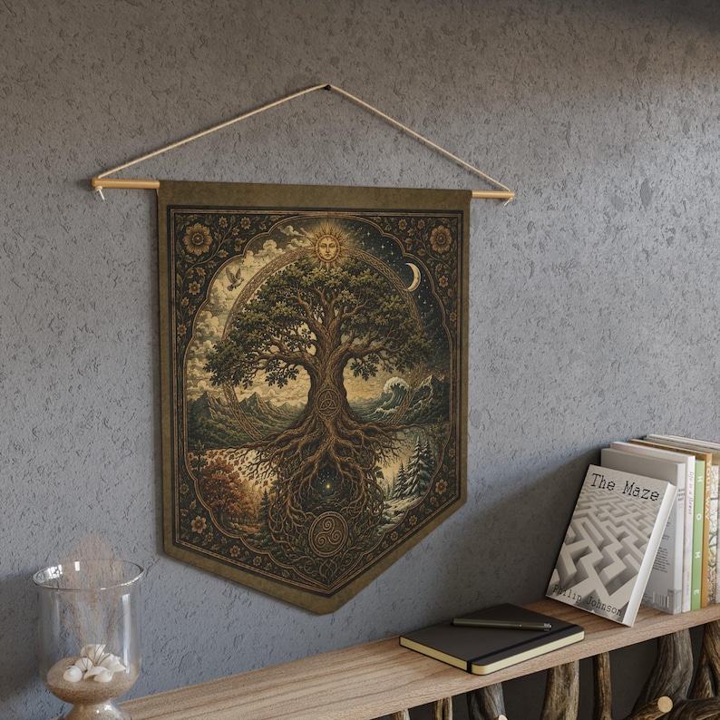 Tree of Life wall decor pennant featuring a vintage Celtic Tree of Life inspired by Yggdrasil with intricate sacred knotwork. Pagan altar wall hanging for Wiccan home decor, Norse mythology enthusiasts, Celtic spirituality, witchcraft spaces, meditation rooms, sacred altars, and nature-inspired spiritual gifts. Lightweight fabric tapestry with wooden dowel for easy hanging.