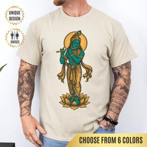 Krishna T-Shirt, Divine Hindu God Playing Flute on Lotus, Spiritual Indian Art Tee, Yoga Shirt, Meditation Tee, Spiritual Gift, Boho Tee