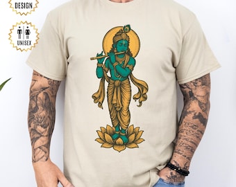 Camiseta de Krishna, dios hindú divino tocando la flauta en un loto, camiseta de arte espiritual indio, camiseta de yoga, camiseta de meditación, regalo espiritual, camiseta bohemia
