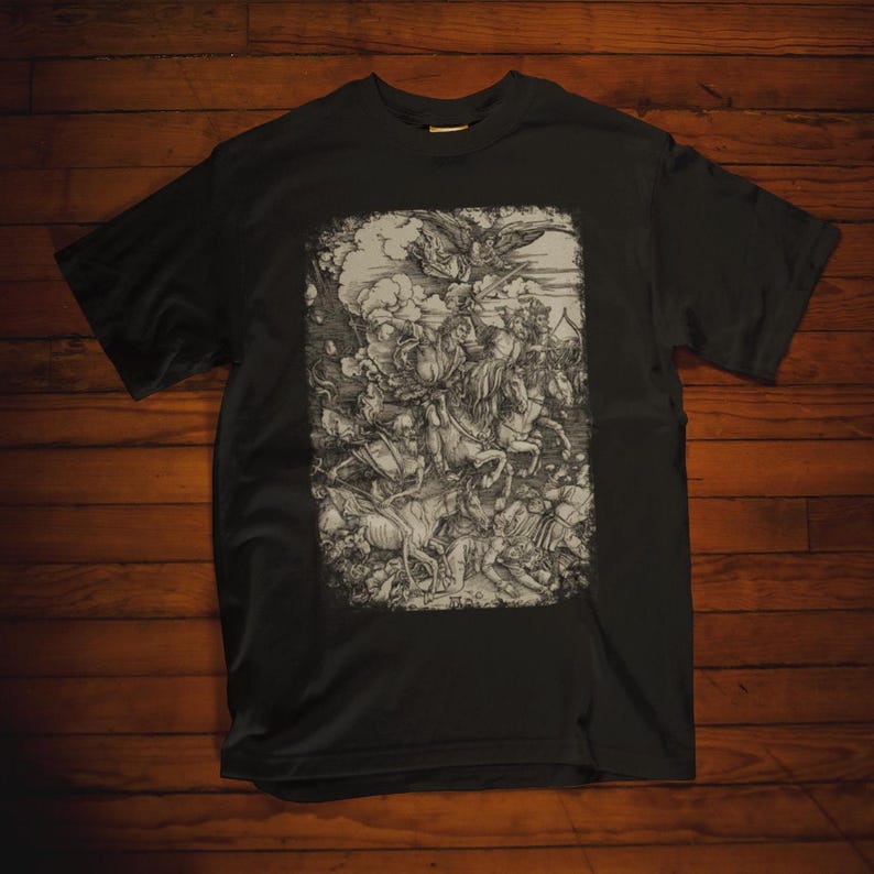 Albrecht Durer The Four Horsemen from The Apocalypse on a T-shirt. Detailed engraving of conquest, war, famine, and death in a classic, comfortable fit