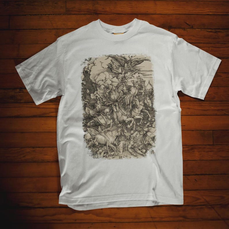 Albrecht Durer The Four Horsemen from The Apocalypse on a T-shirt. Detailed engraving of conquest, war, famine, and death in a classic, comfortable fit