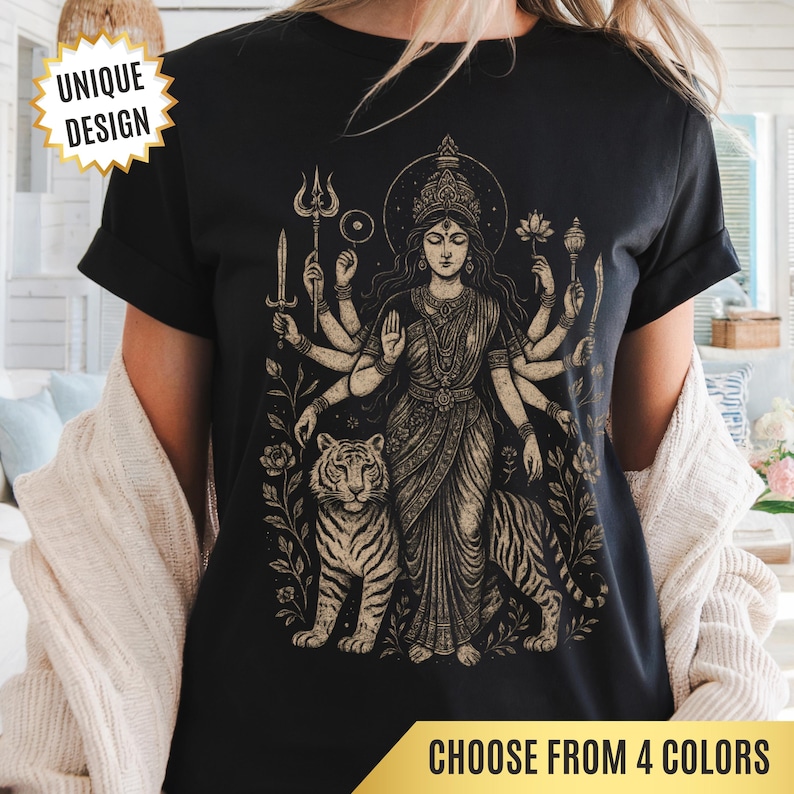 Hindu Goddess Durga T-shirt featuring a divine feminine design, perfect for spiritual lovers. Embrace the power of Durga with this occult mythology shirt. A unique dark goddess apparel piece for those who honor the sacred and mystical