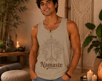Koszulka bez rękawów Namaste: Koszulka do jogi | Koszulka unisex do medytacji | Moda boho | Dar duchowy | Modlące się dłonie | Koszulka bez rękawów z mandalą | Odzież zen