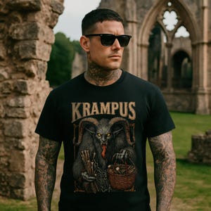 Dark Krampus Christmas shirt featuring the legendary holiday demon from Alpine folklore, perfect for fans of gothic fashion, pagan style, and alternative holiday apparel.