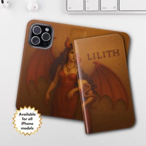 Funda Lilith para iPhone, regalo de brujería oculta, diseño de diosa pagana femenina oscura, funda gótica tipo billetera para iPhone, funda abatible wiccana para iPhone con tarjetero.