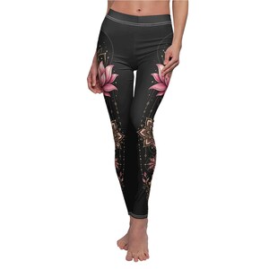 Lotus flower leggings for women featuring a vertical mandala design, spiritual yoga pants with boho aesthetic and divine feminine energy. Perfect meditation clothing, zen outfit for yoga lovers, mindfulness practice, and stylish activewear gift for her.